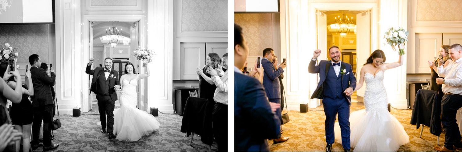 Side-by-side comparison of color and black-and-white wedding celebration photos.