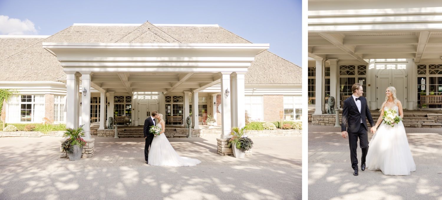Wedding couple photographed at the grand entrance of an elegant country club venue.