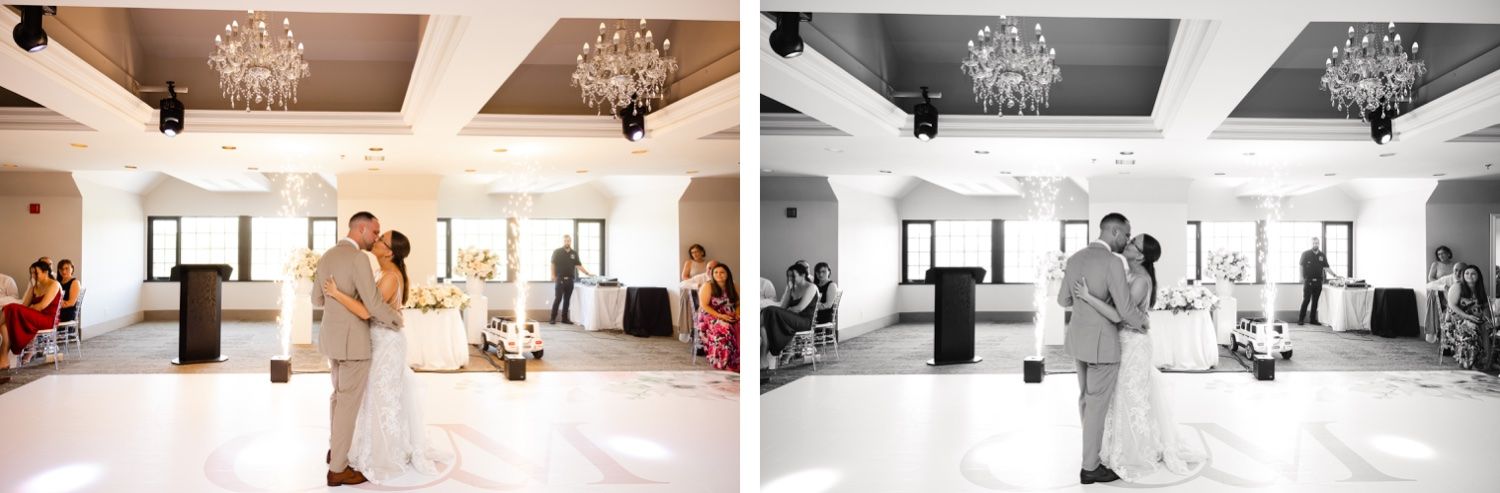 Side-by-side color and black and white photos of first dance in an elegant reception venue.
