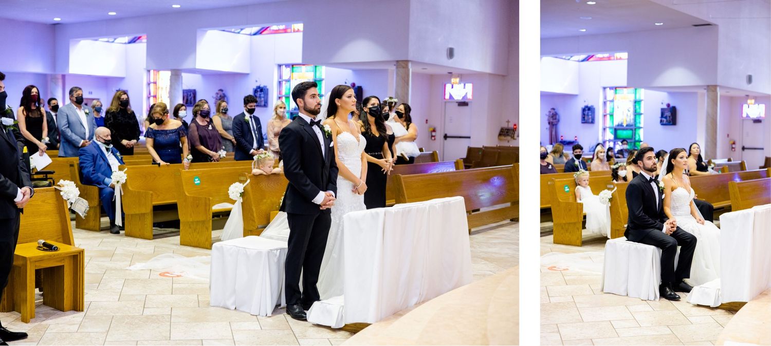 Wedding ceremony in progress at modern church with wooden pews and white decor.