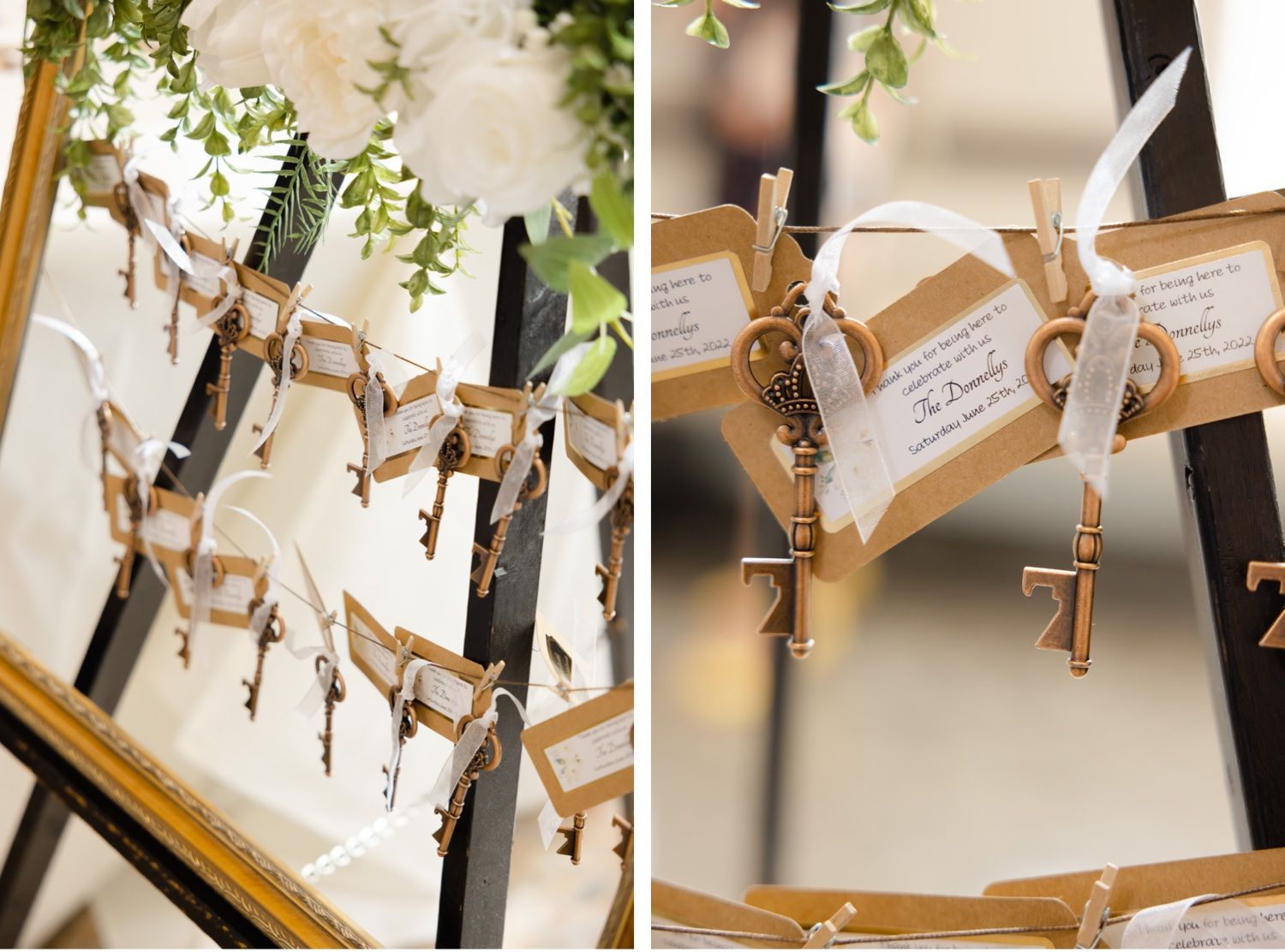 Vintage-style display of wedding escort cards with decorative keys attached to twine.