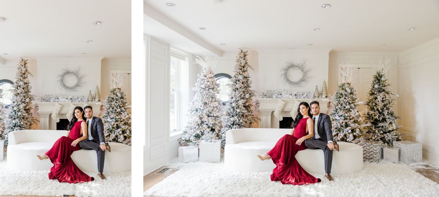 Two poses of a couple in formal attire against a winter wonderland backdrop with decorated trees.