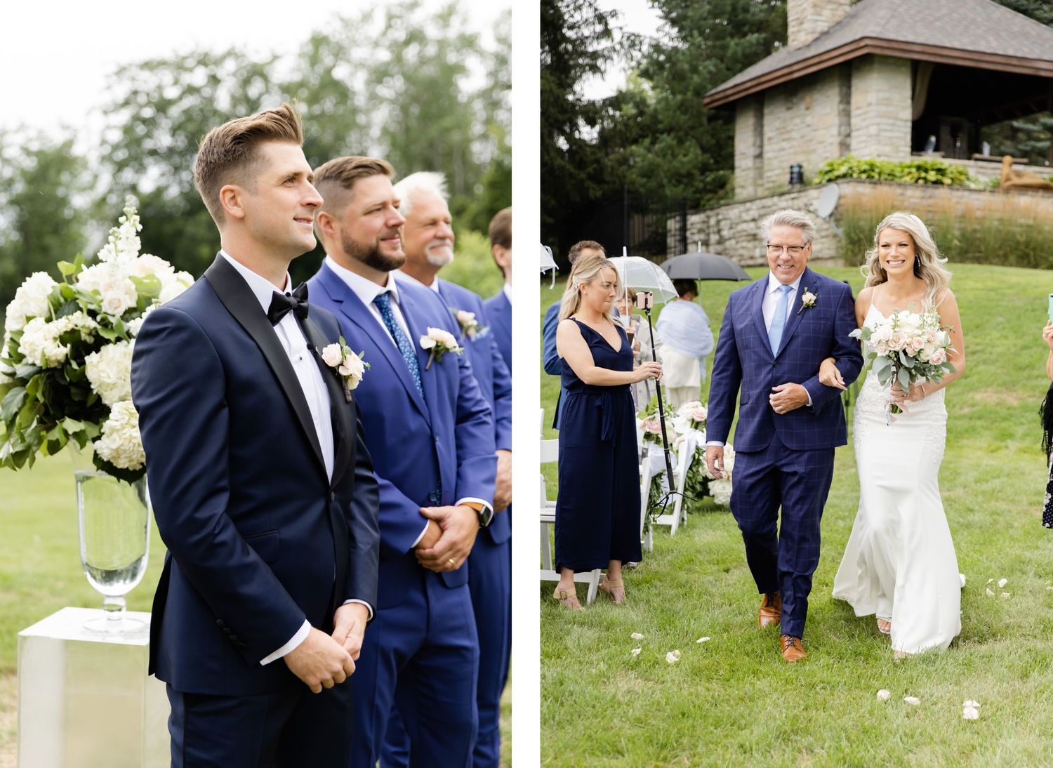 Groomsmen in coordinated navy suits at outdoor ceremony and processional moment.