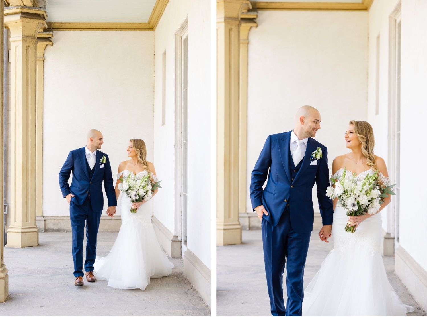 Side-by-side wedding portraits show a couple strolling along an elegant colonnade.
