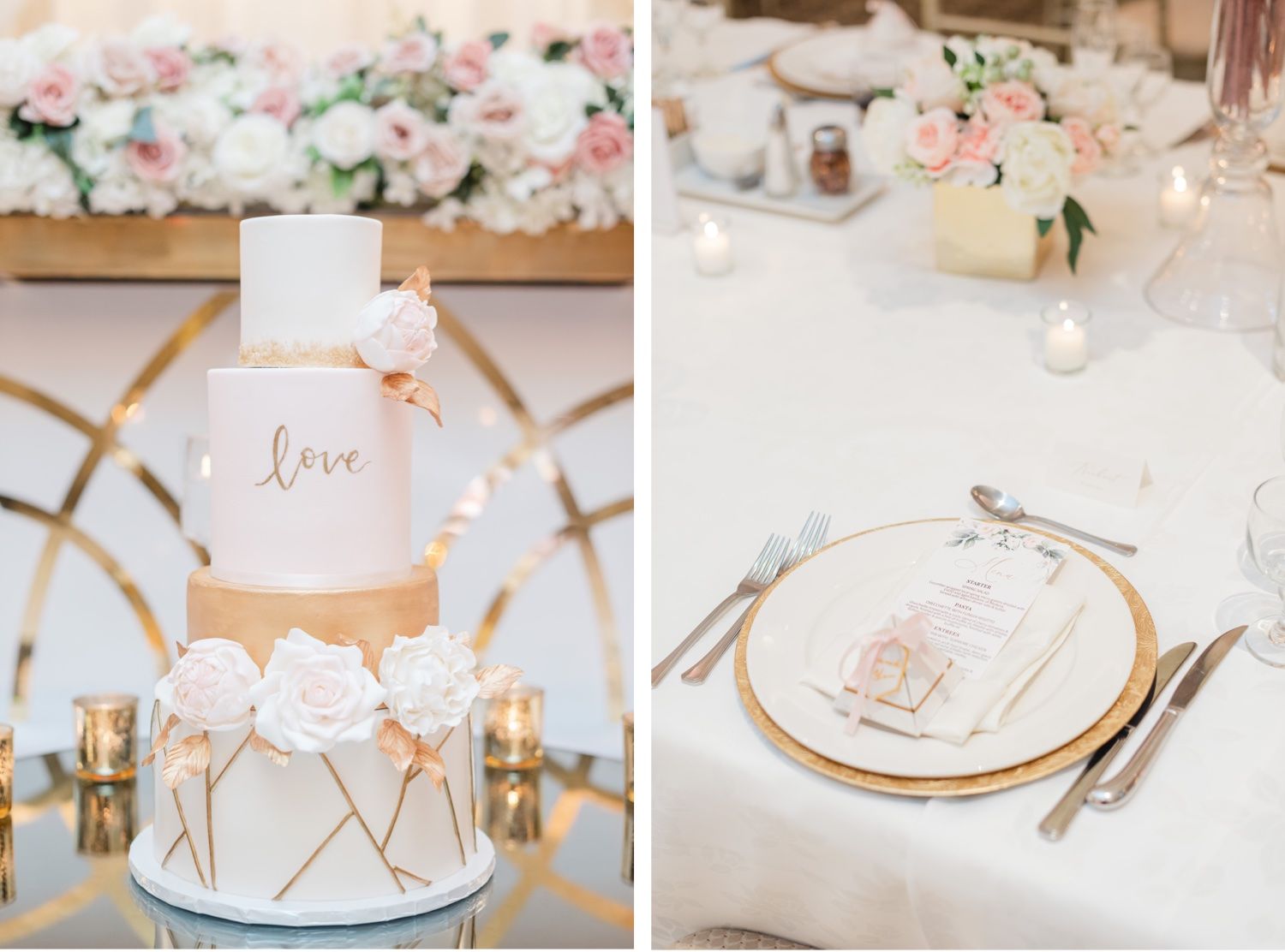Wedding reception details showing elegant cake and place setting with gold accents and floral touches.