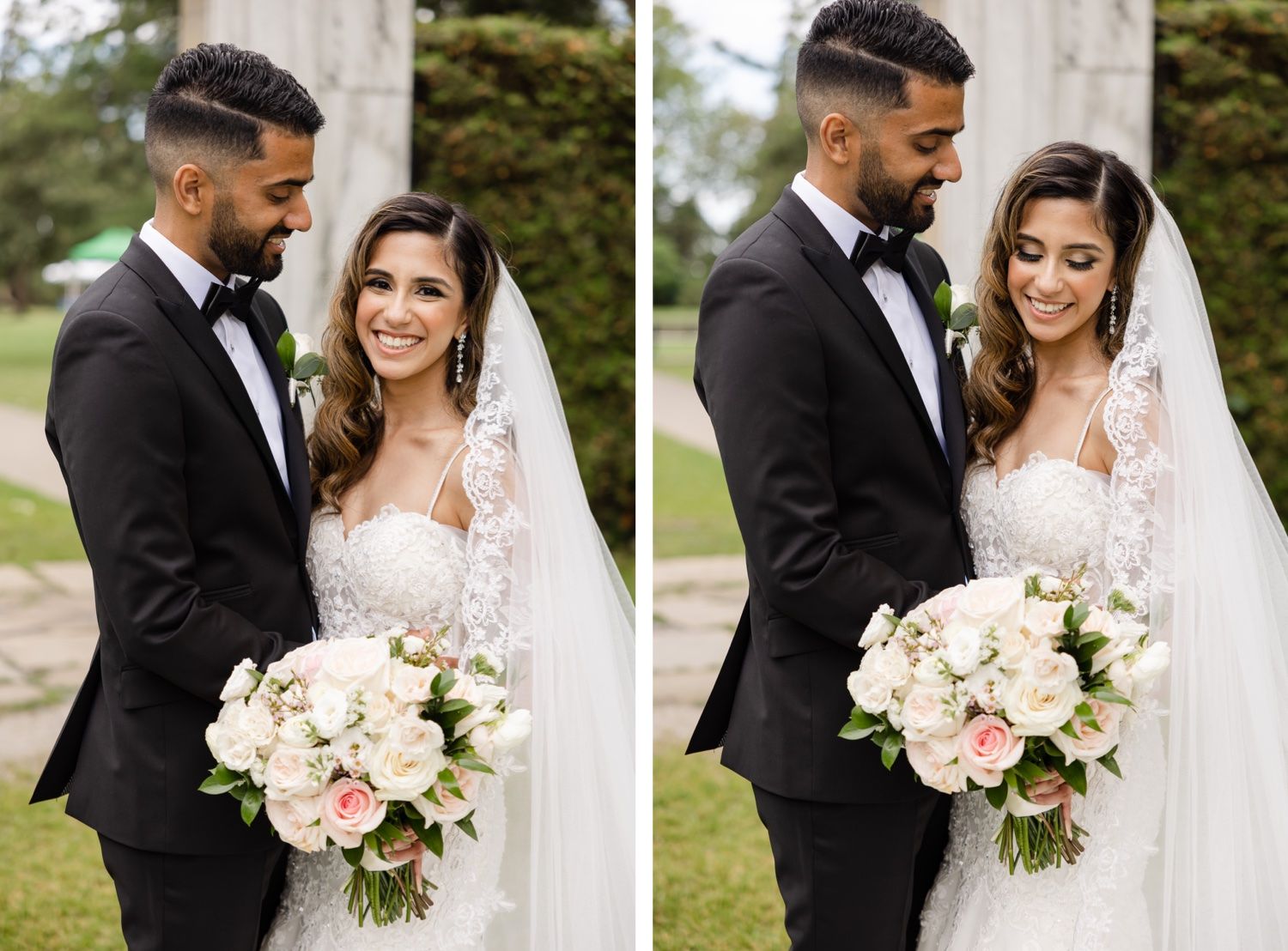 Intimate wedding portraits showcase couple against stone garden archway backdrop.