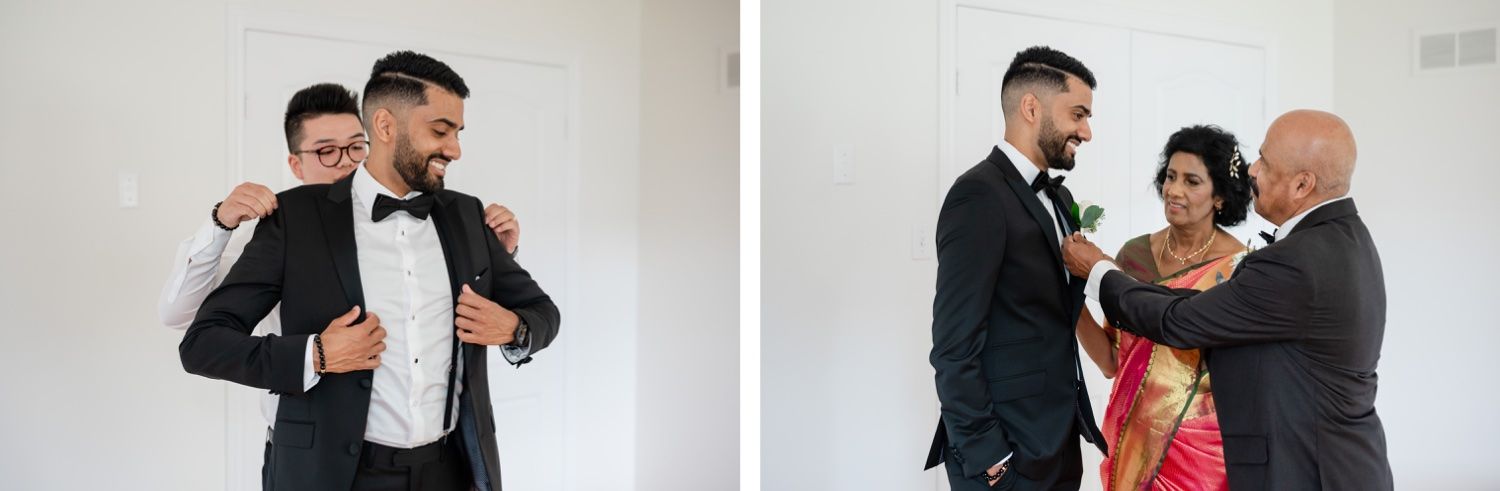 Getting ready moments with family members helping with formal attire adjustments before a wedding ceremony.
