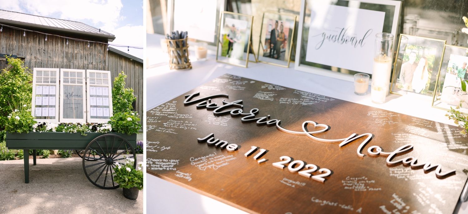 Wedding decor details including a rustic welcome sign and date display.