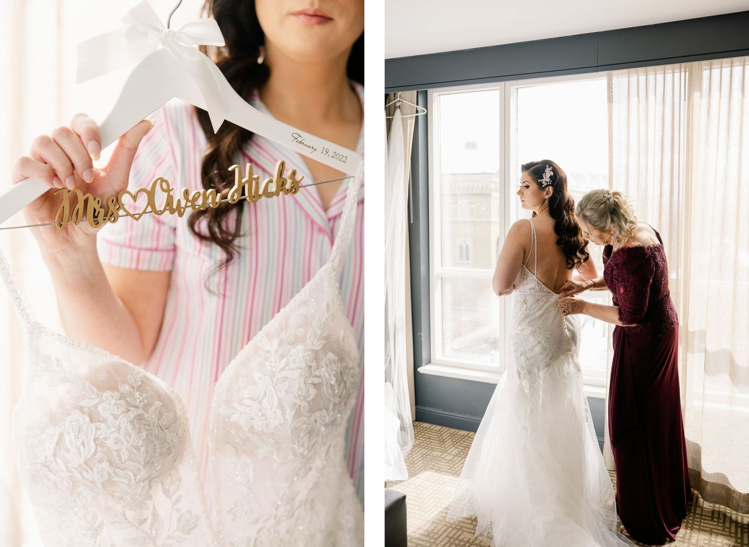 Wedding dress details and bride getting dressed with help in a bright hotel room.