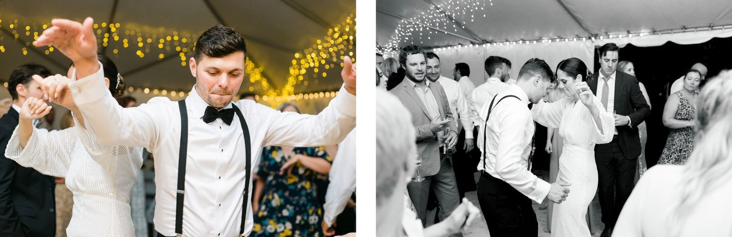 Split reception photos showing dancing and celebration under tent lighting.