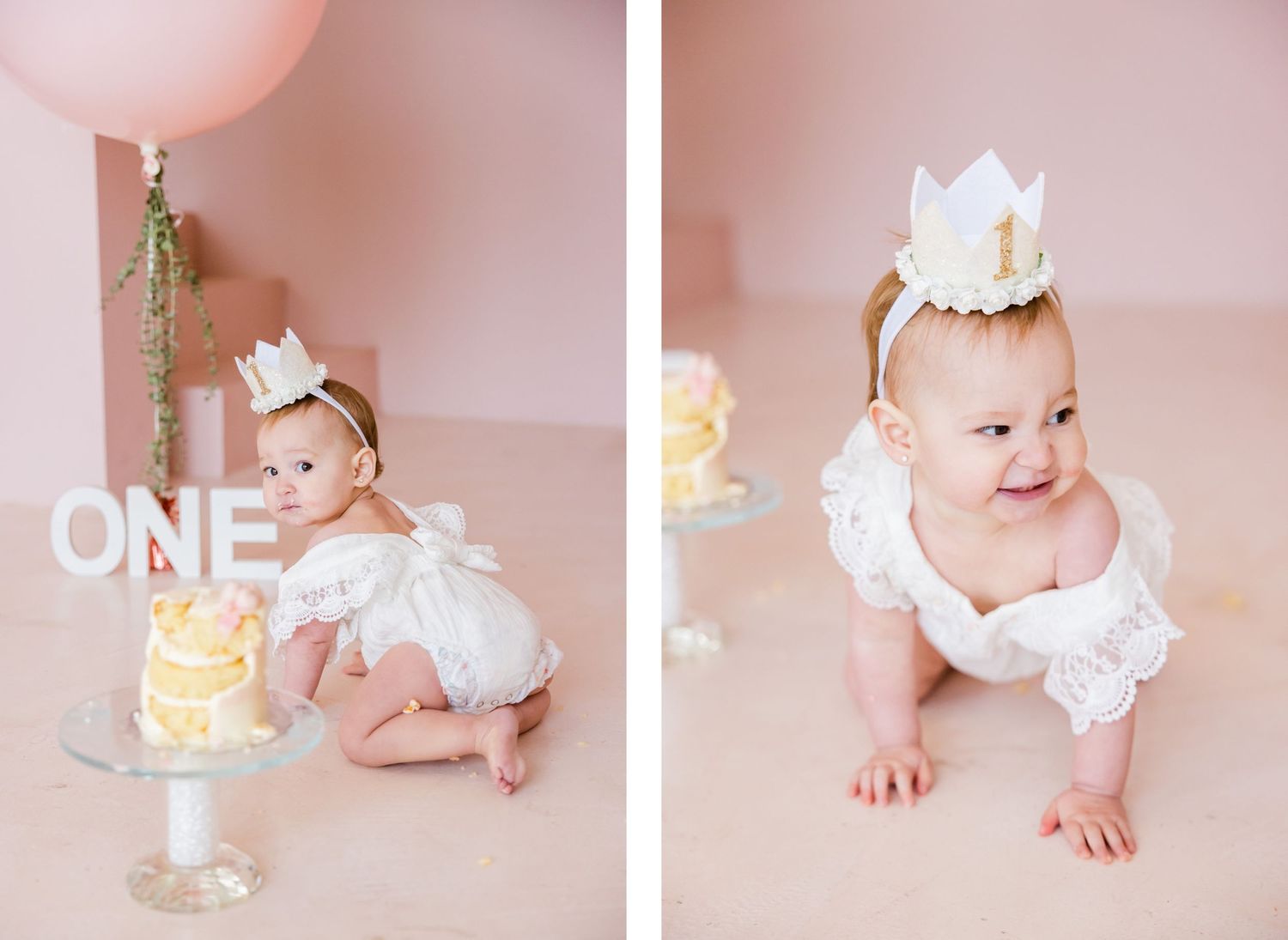Split view of first birthday photos showing baby with cake and decorative setup.
