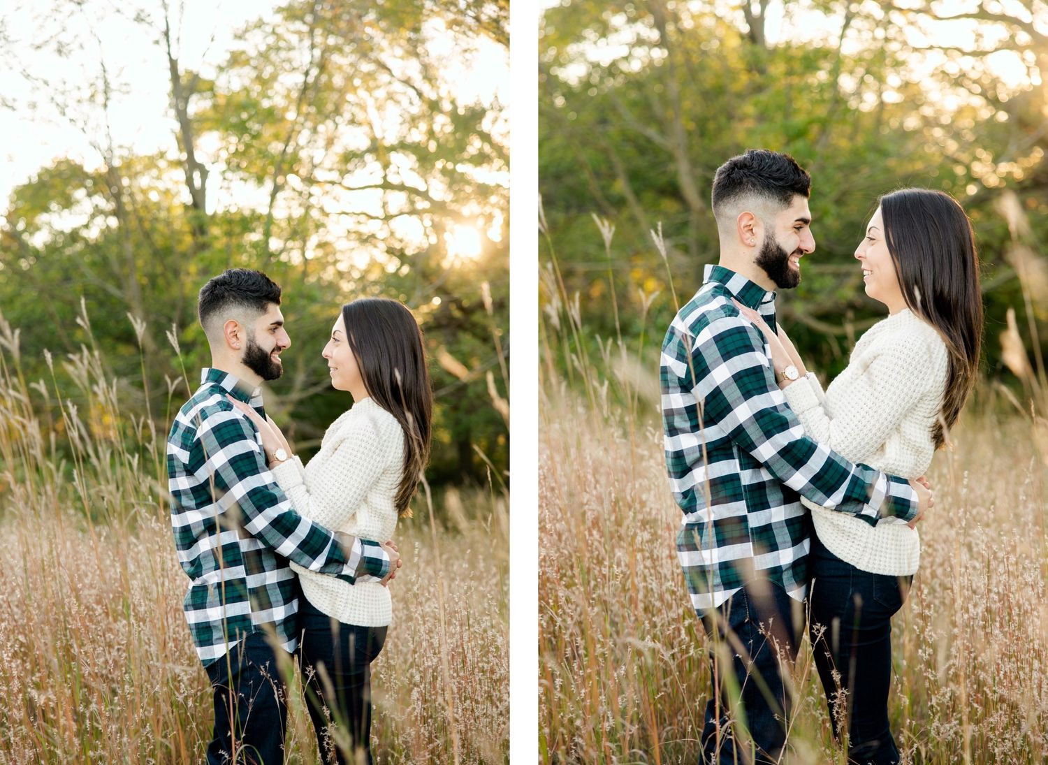 Two photos of couple embracing in field during golden hour photography session.