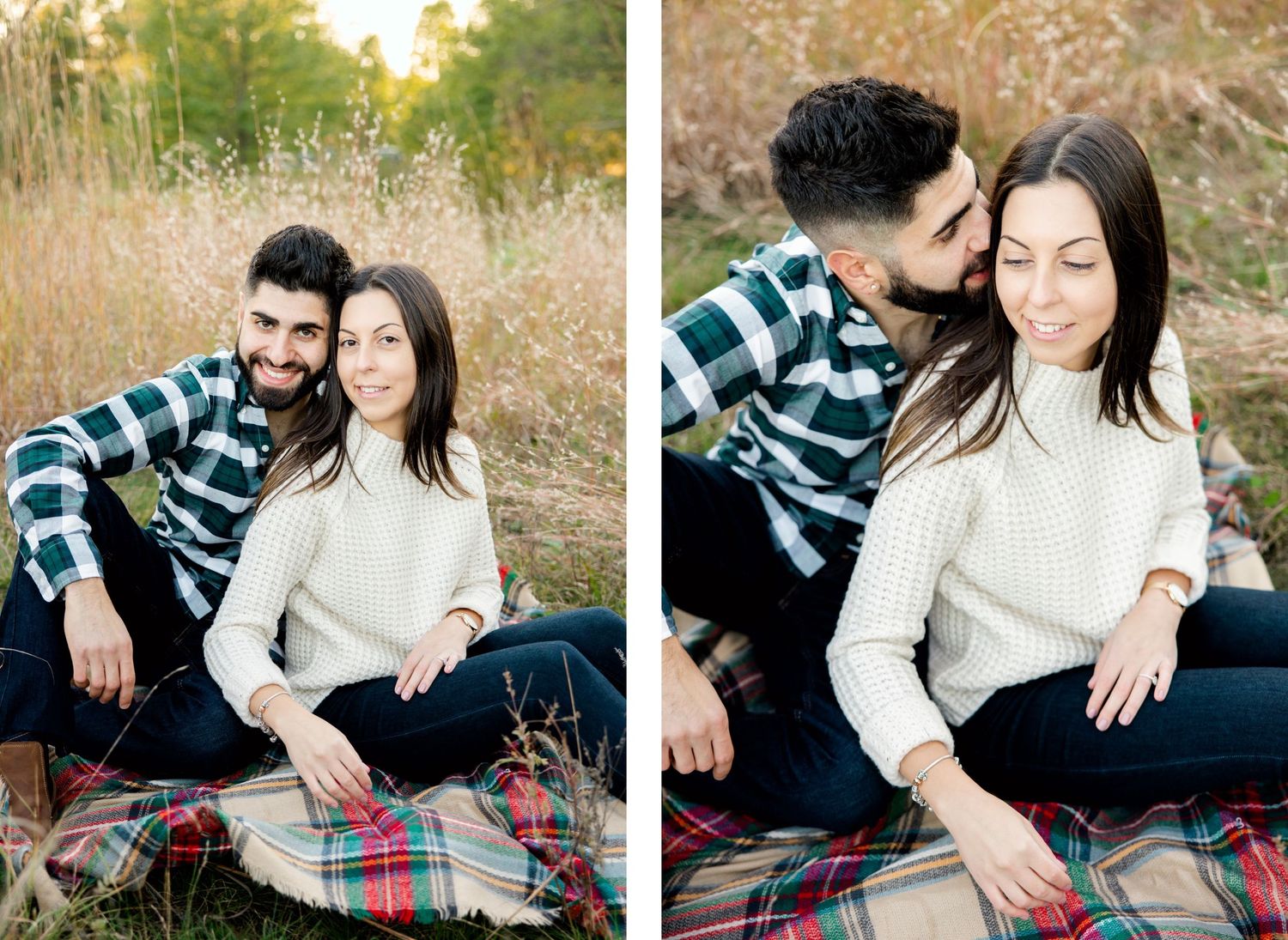 Couple sitting on plaid blanket in fall field with tall grass and warm sunset lighting.