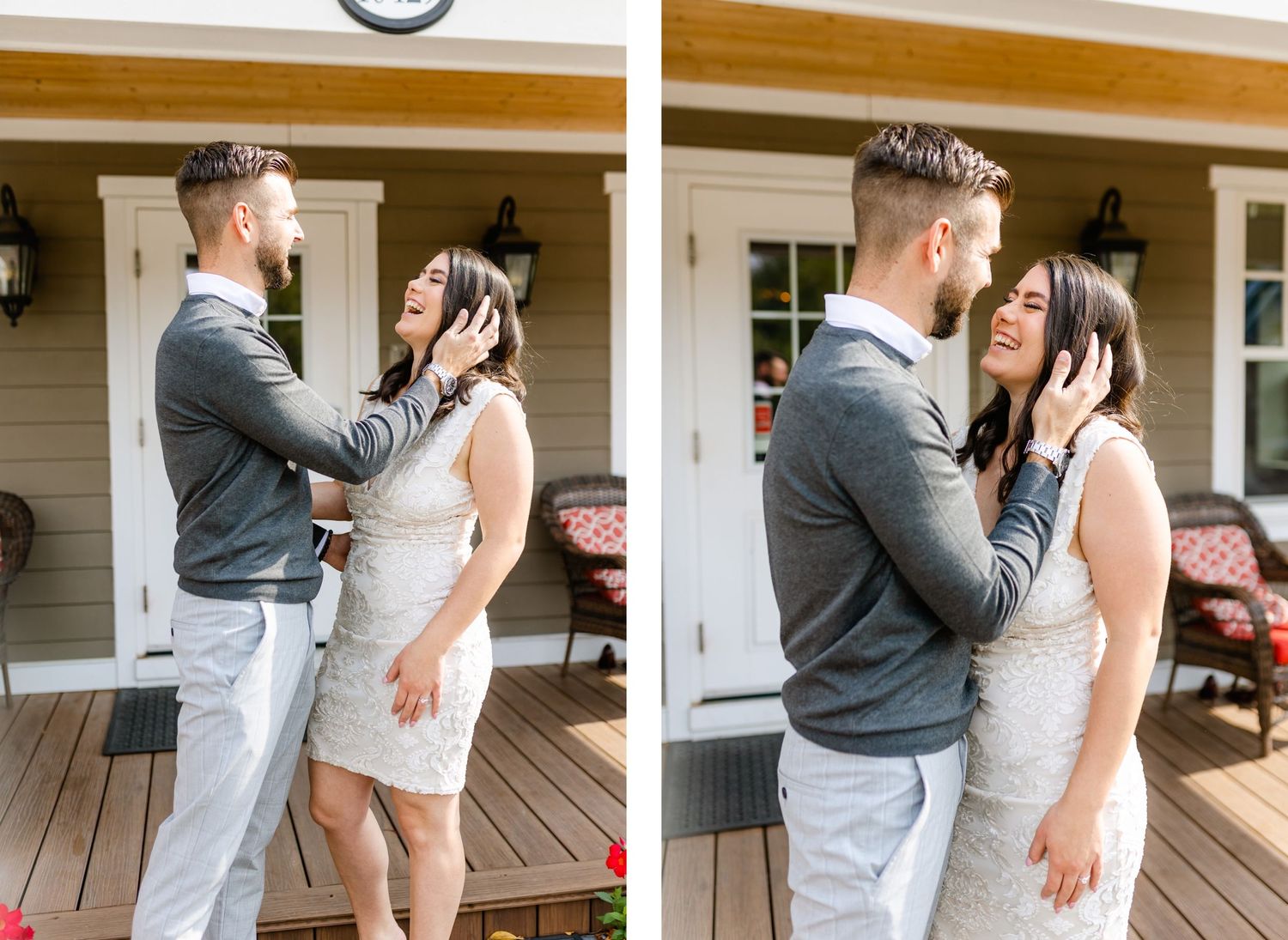 Intimate moment captured on a front porch with white railing.