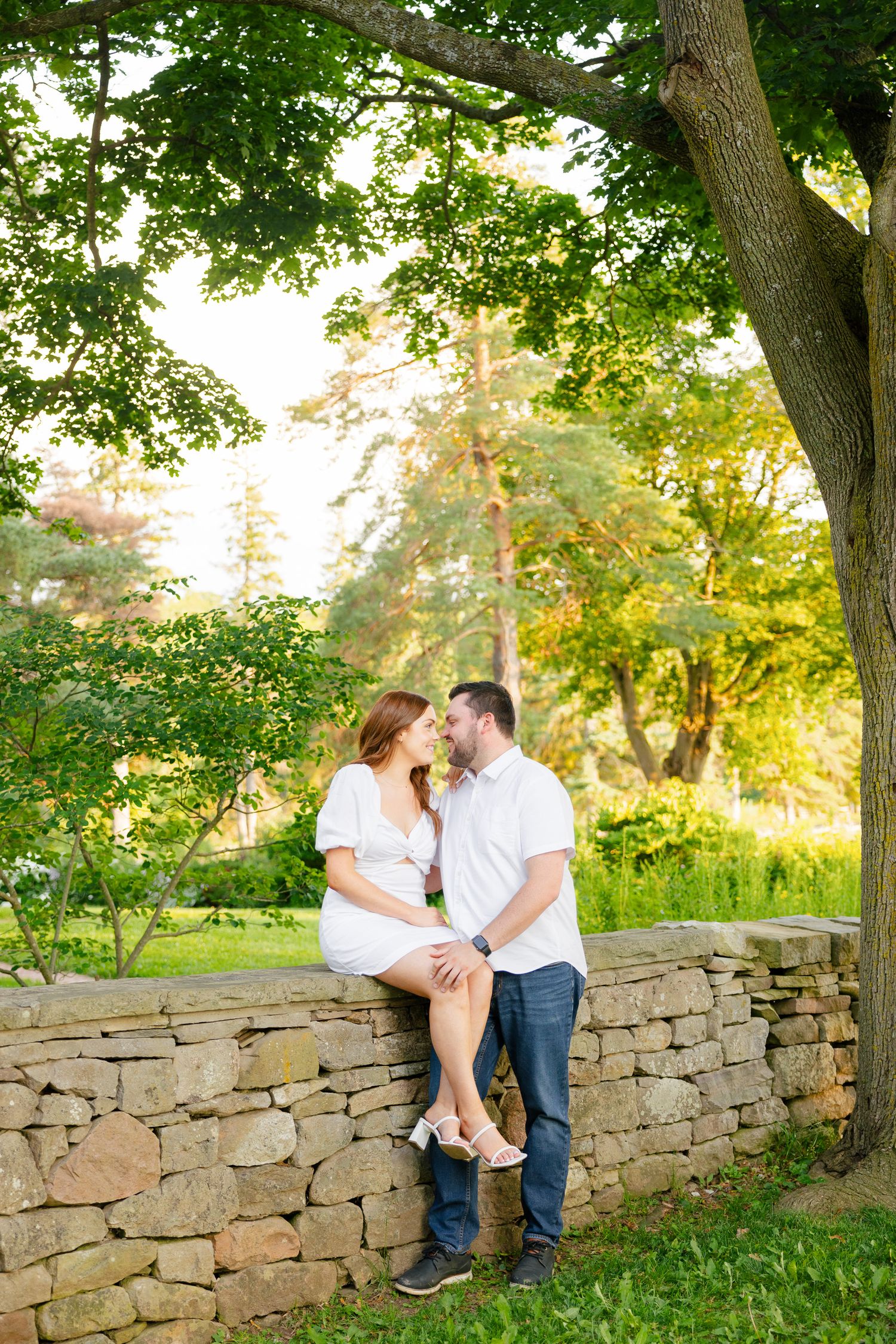 Golden sunlight filters through tree branches as a couple shares an intimate moment on a stone wall.