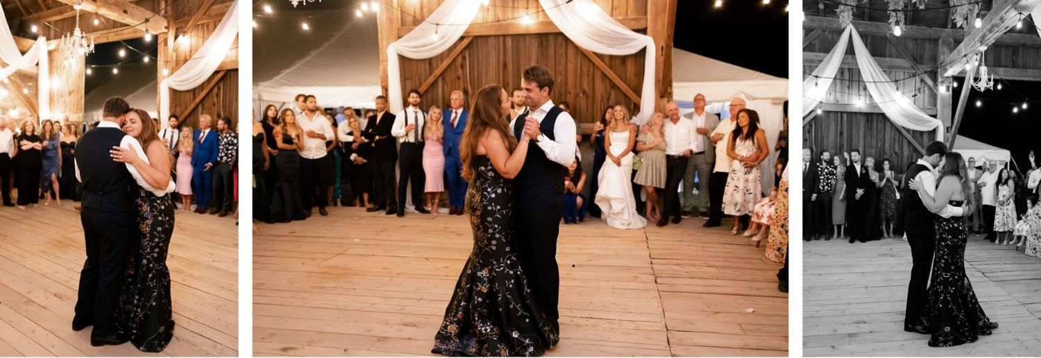 Three photos of a couple dancing at their wedding reception with guests in the background.