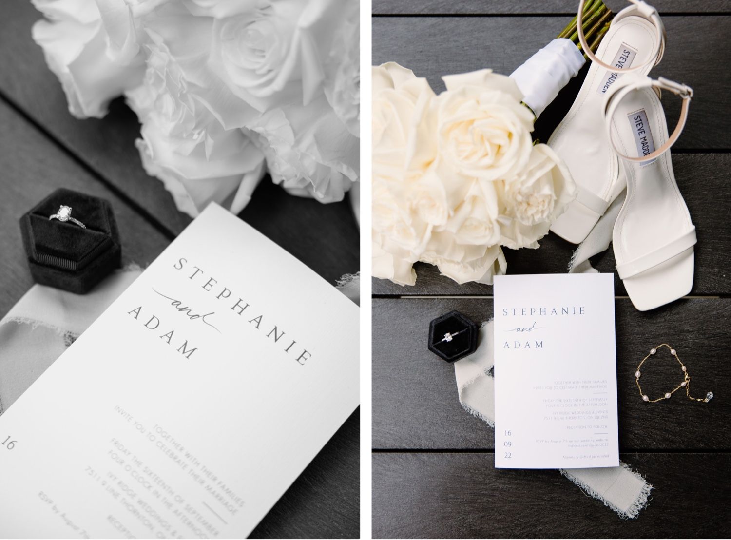 Wedding details flatlay featuring invitations, white roses, and bridal accessories on dark wood.