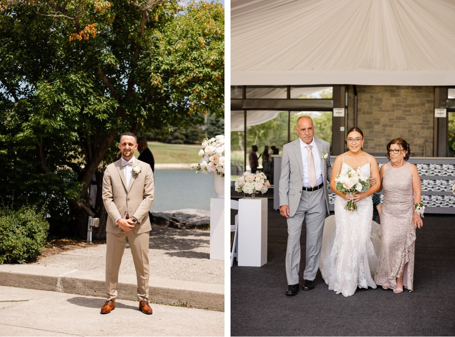 A wedding day collage showing ceremony setup and processional moments at an outdoor venue.
