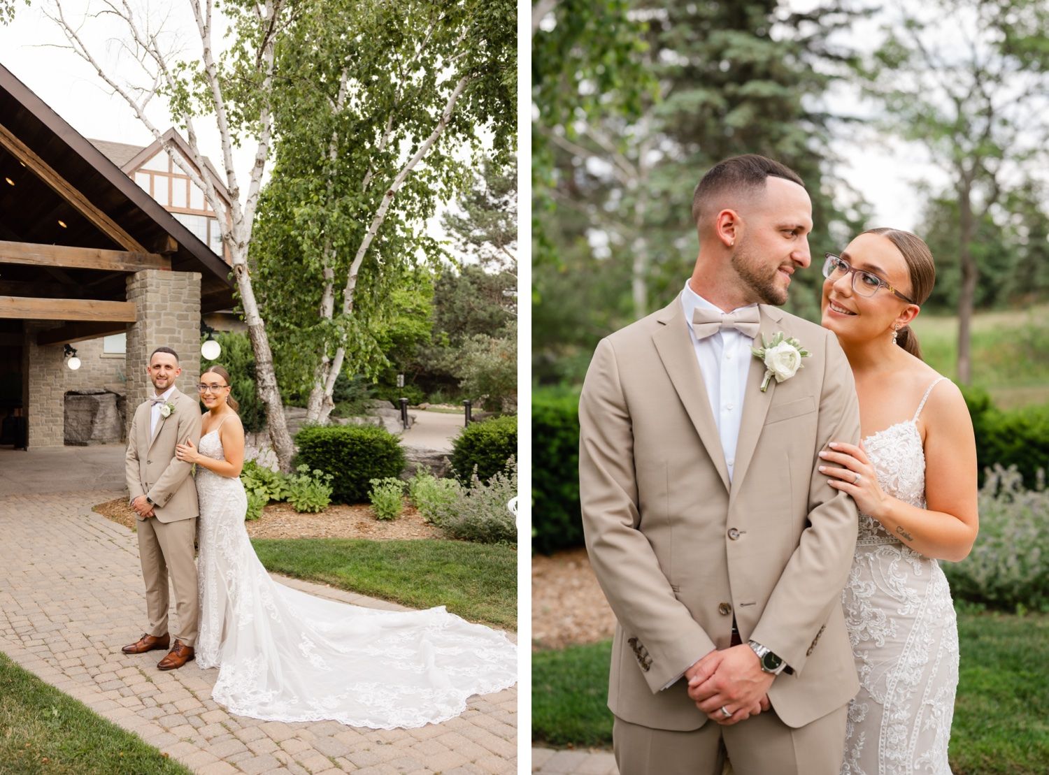 Side by side wedding portraits showcase a couple against a backdrop of garden landscaping and architecture.