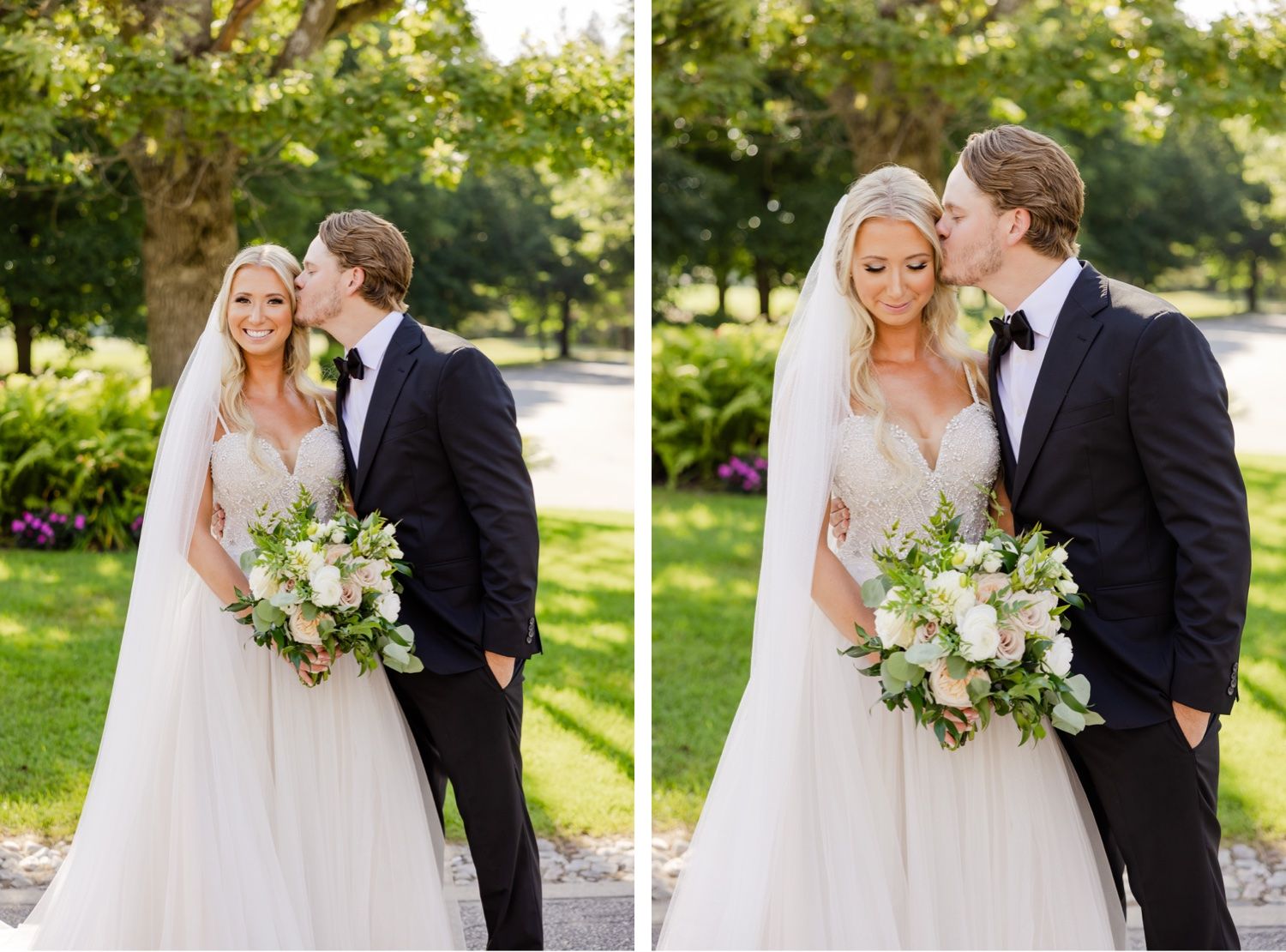 Side-by-side romantic wedding portraits showing couple in garden with soft natural lighting.