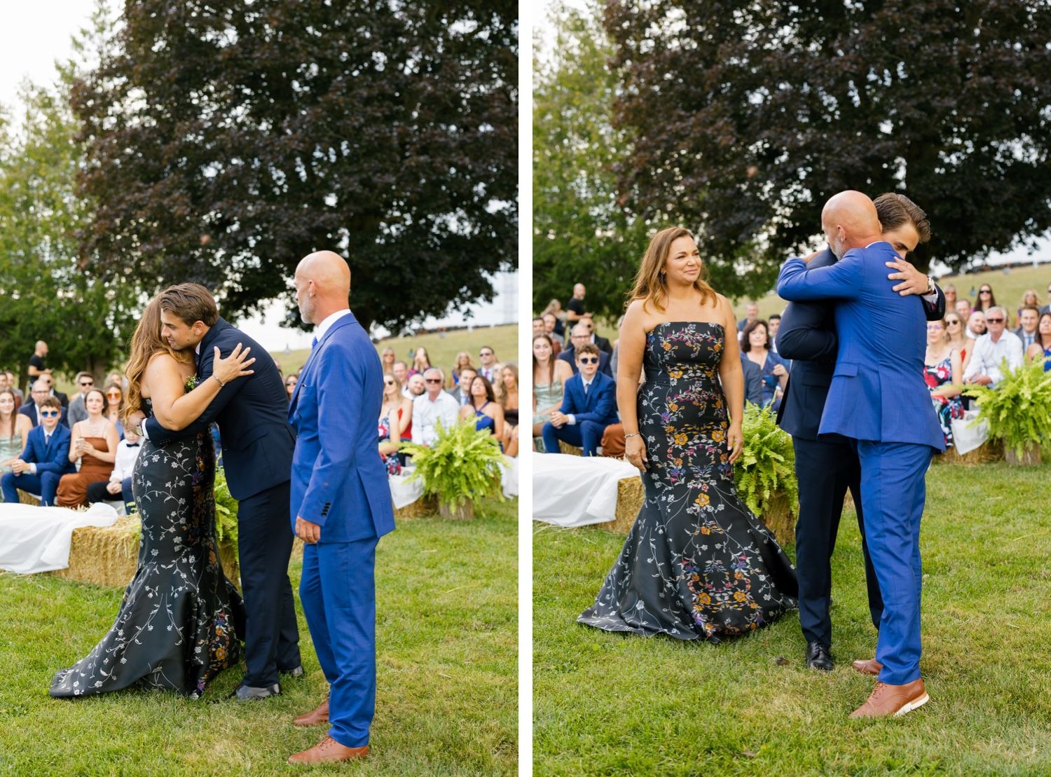 Wedding ceremony attendants share emotional moments during outdoor celebration.
