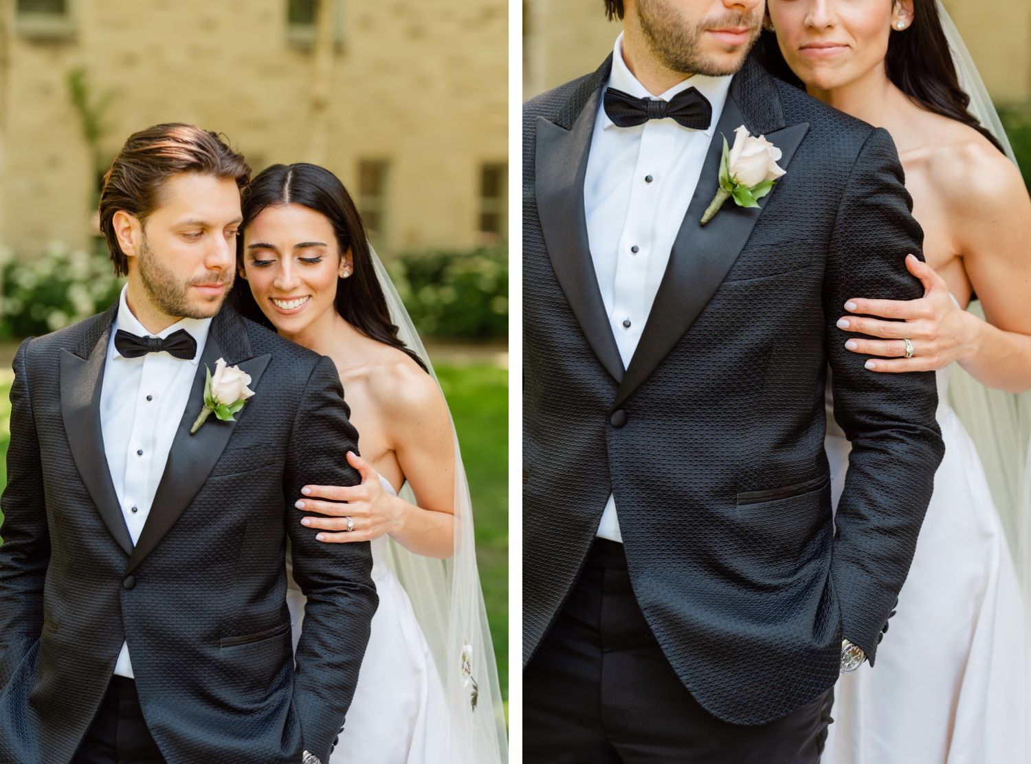 Two close-up wedding portraits showing elegant details of formal attire.