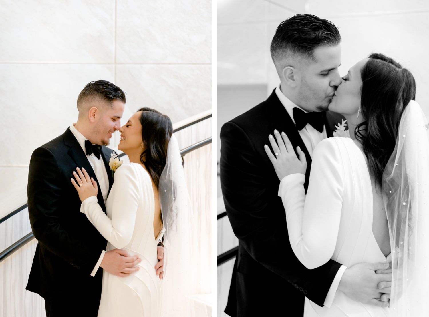 Two tender wedding moments captured side by side showing couple's romantic embrace on white stairs.