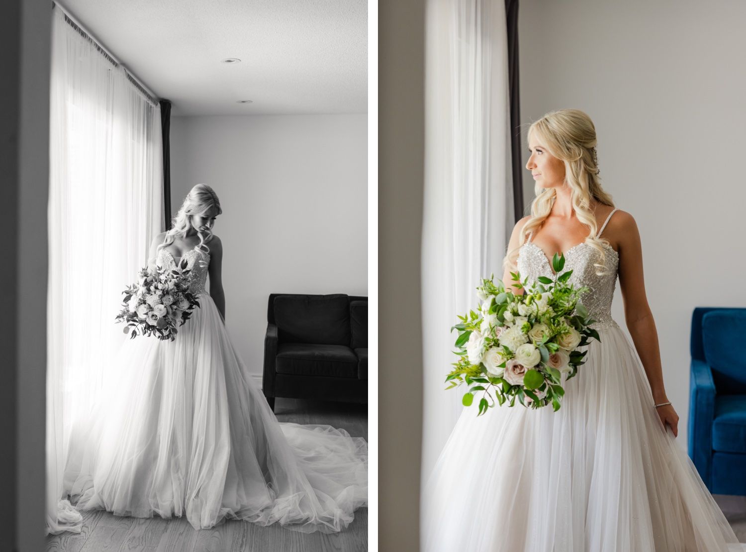 Side-by-side comparison of color and black-and-white bridal portraits near a window.