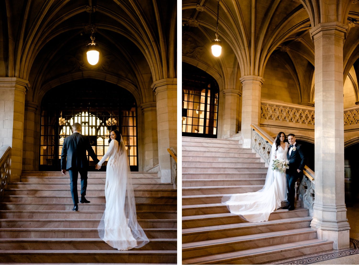 Side-by-side photos of a couple ascending an ornate Gothic staircase with vaulted ceilings.
