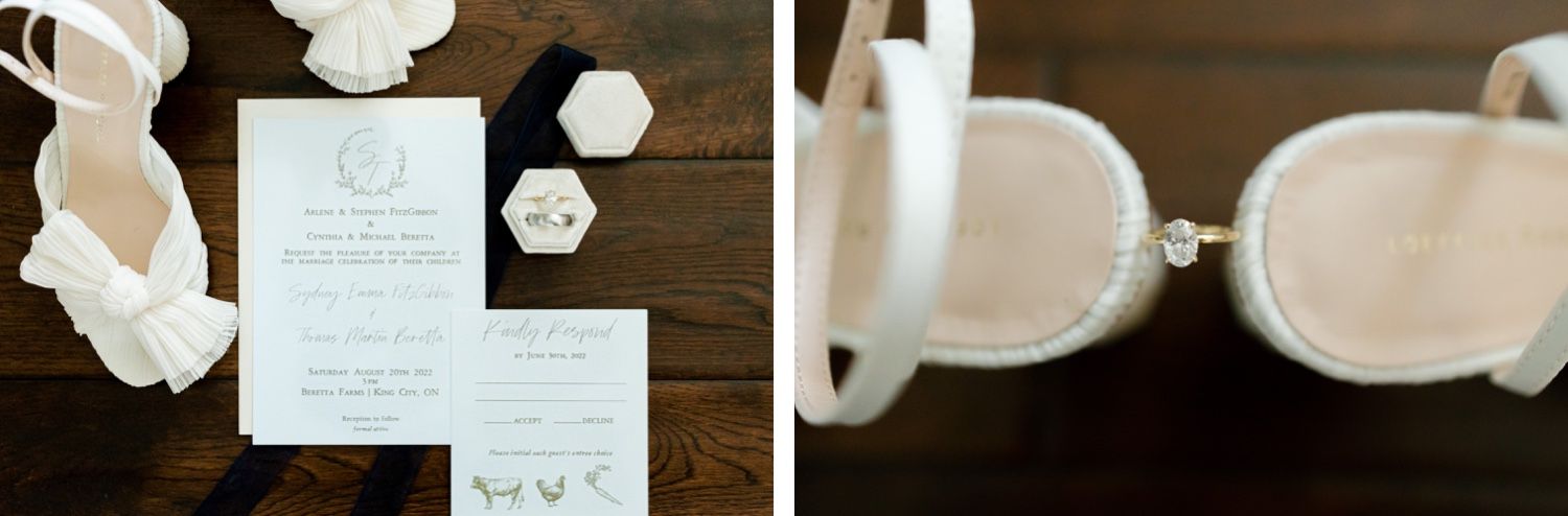 Close-up details of wedding stationery and geometric decorative elements on dark surface.