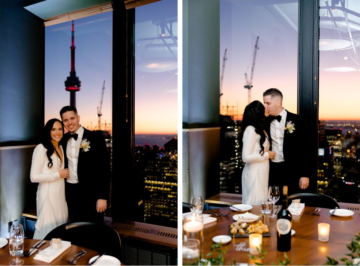Elegant evening celebration in front of windows overlooking Toronto's skyline at sunset.