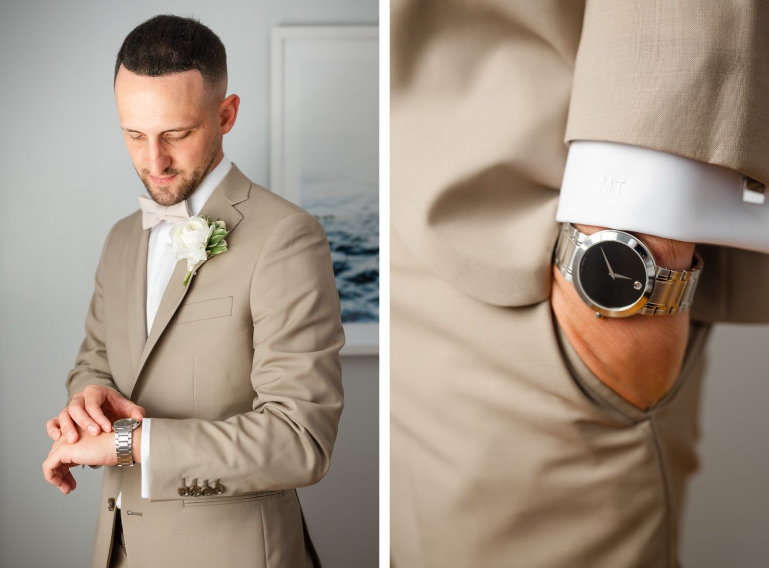 A formal outfit with beige suit and wristwatch detail for a special occasion.