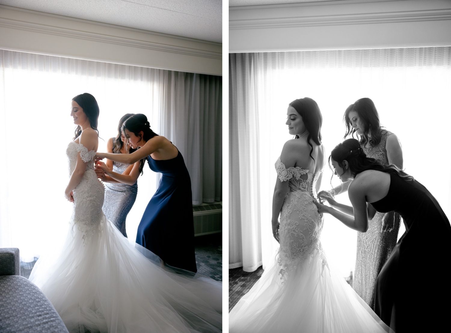 Wedding dress preparation scene showing final adjustments in a bright hotel room.