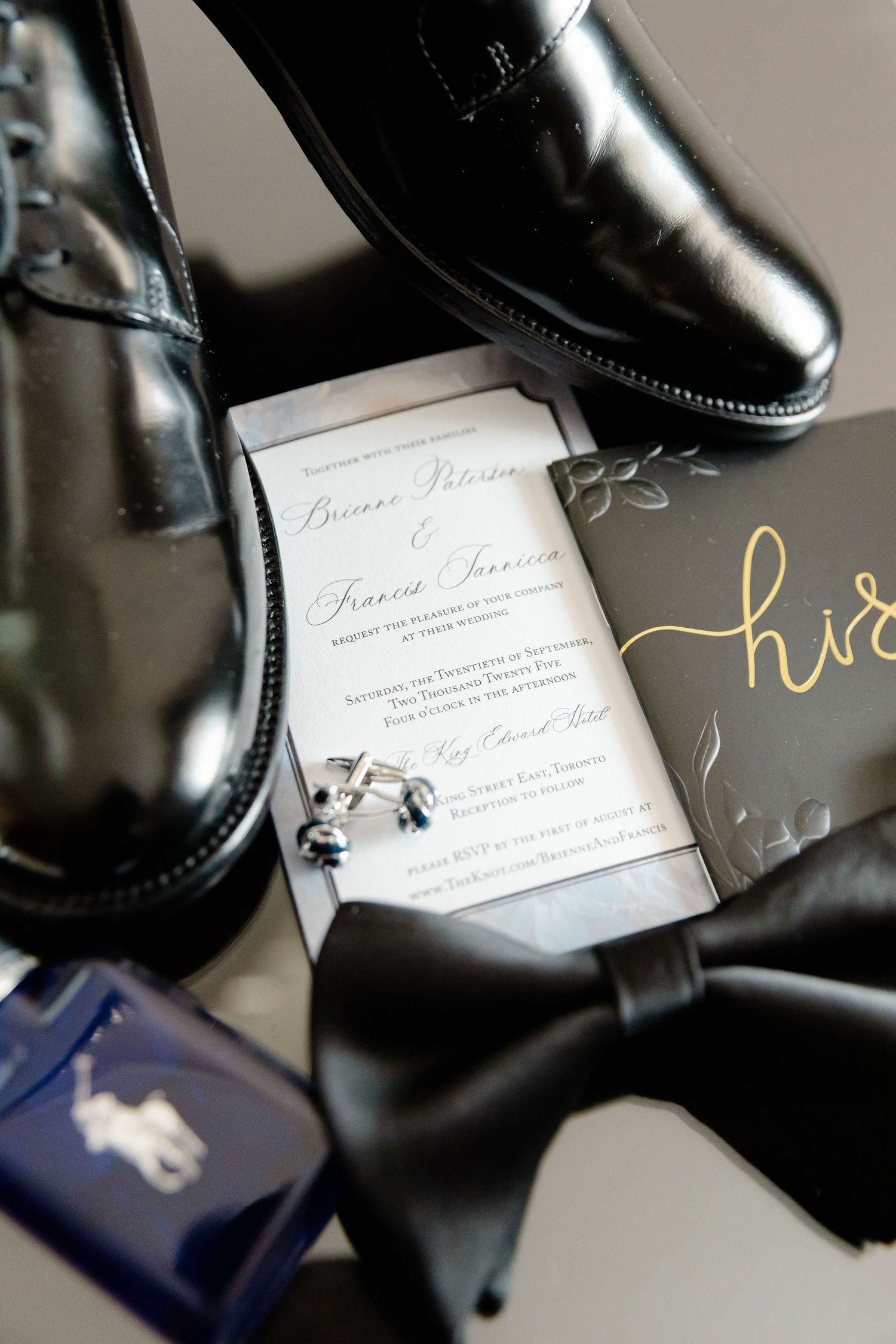Elegant black dress shoes and wedding invitation cards arranged artistically in a series of detail shots.