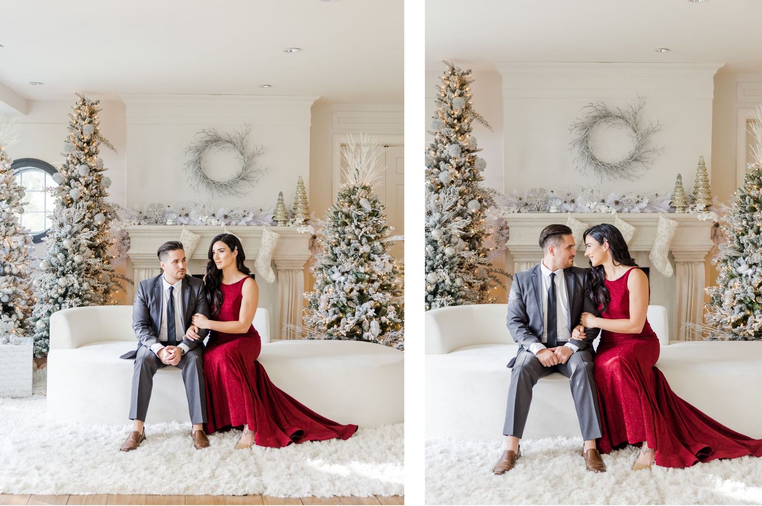 Two romantic holiday photos showing couple in red dress and grey suit seated on white bench with decorated trees.