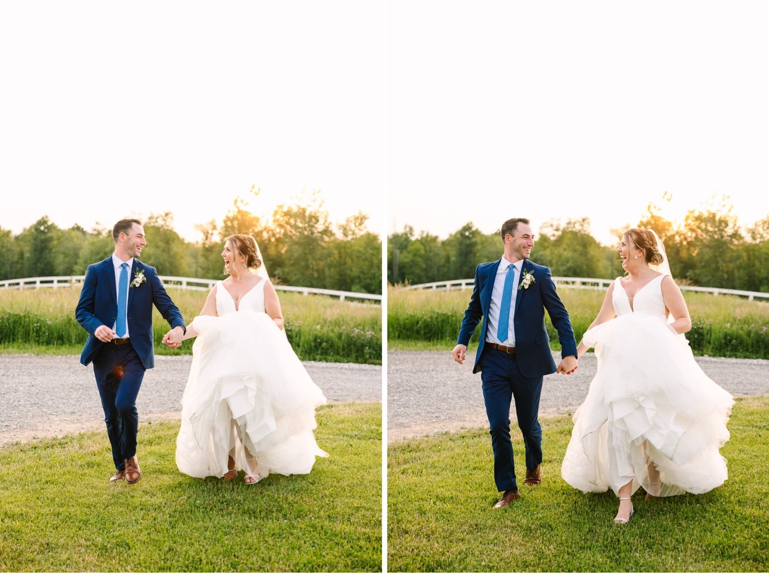 Side-by-side portraits of couple walking playfully in field during sunset.