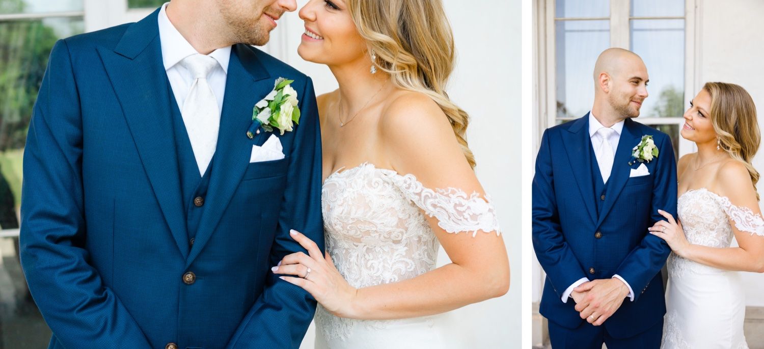 Split wedding photos showing intimate moments against classic white architectural details.