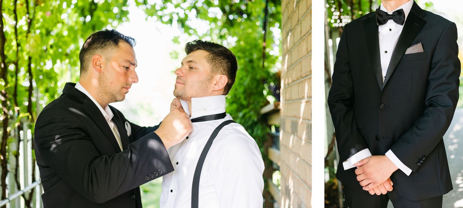 Formal wedding party portraits featuring black tuxedos and bowties.