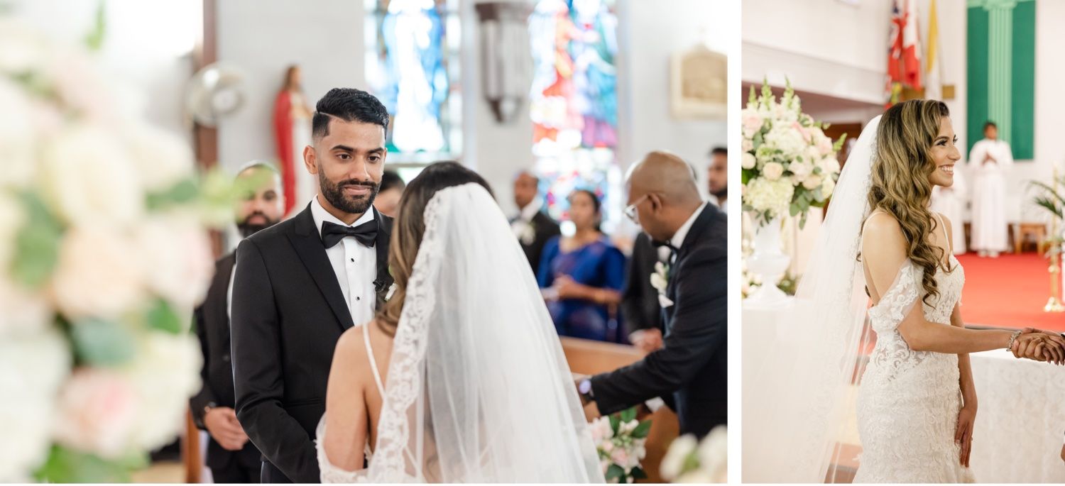 A romantic moment between newlyweds during their Catholic church ceremony with stained glass windows in the background.