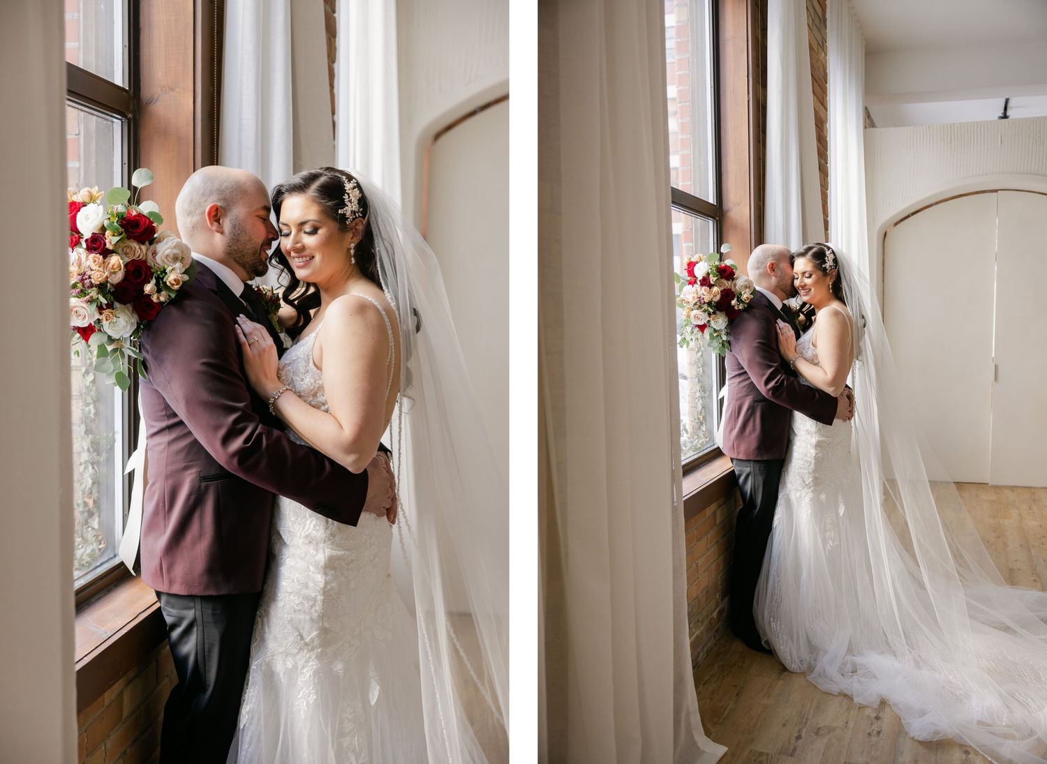 Romantic diptych of wedding couple near window holding beautiful burgundy bouquet.