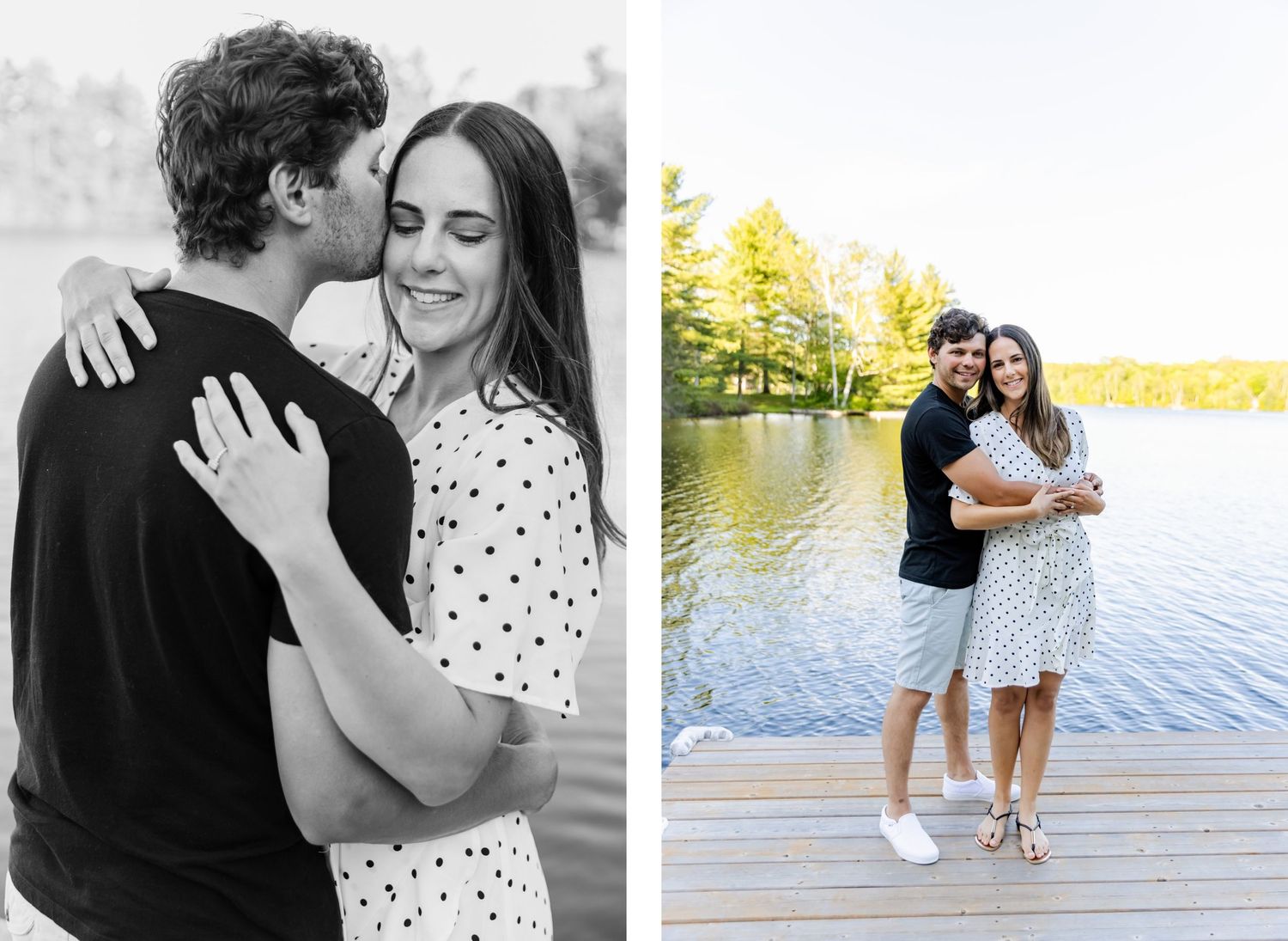 A romantic engagement photo collage featuring black and white and color shots by a lake.
