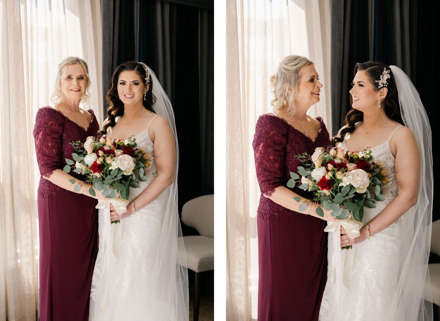 Bride in white gown and attendant in burgundy dress pose together with elegant floral bouquets.