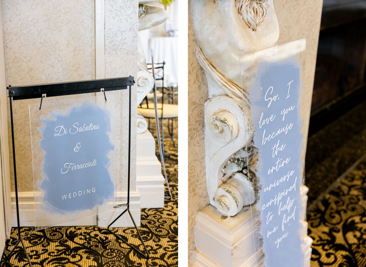 Wedding decor detail shots featuring soft blue signage against ornate columns.