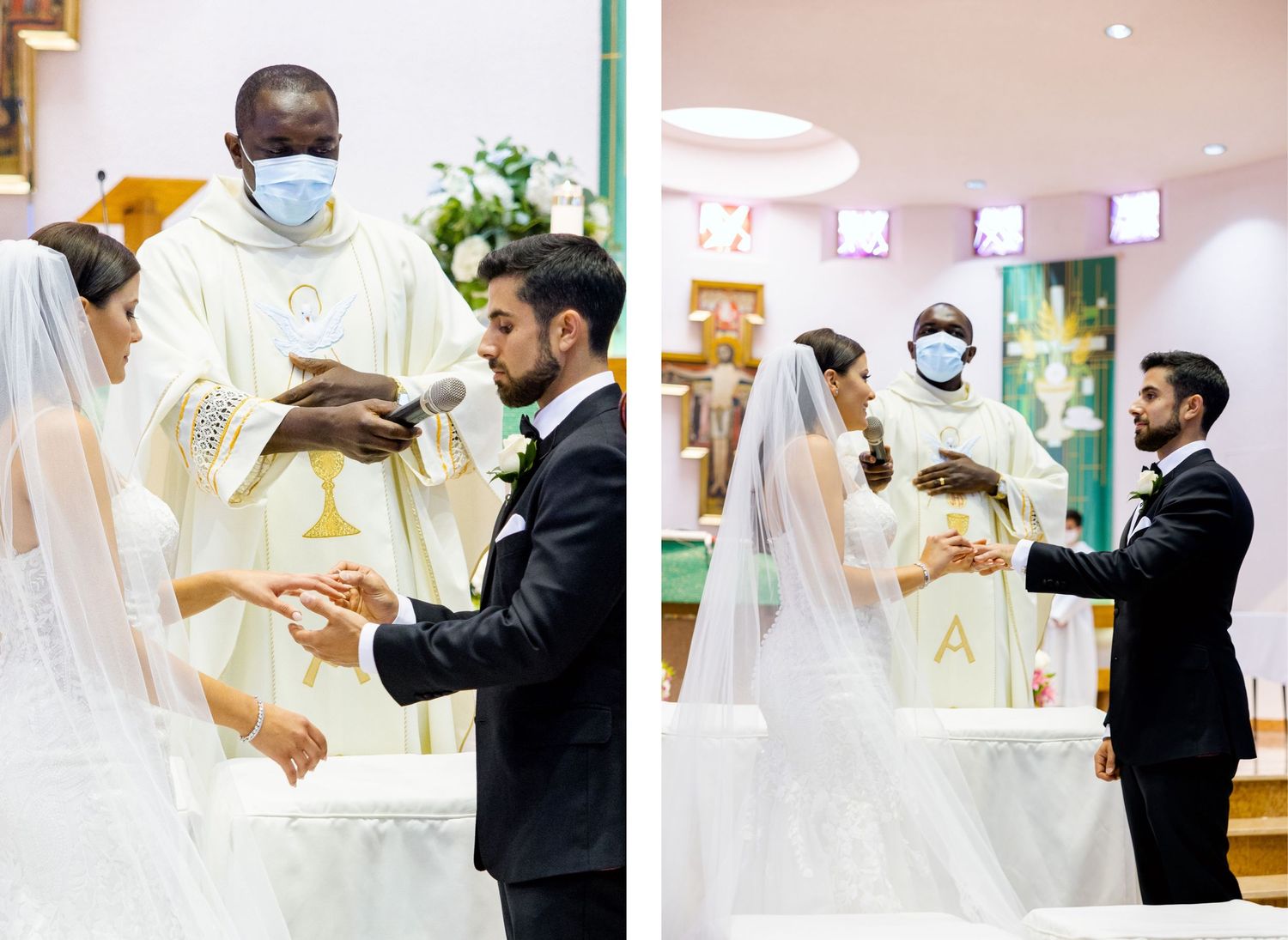 A wedding ceremony in progress with the couple exchanging rings at the altar.