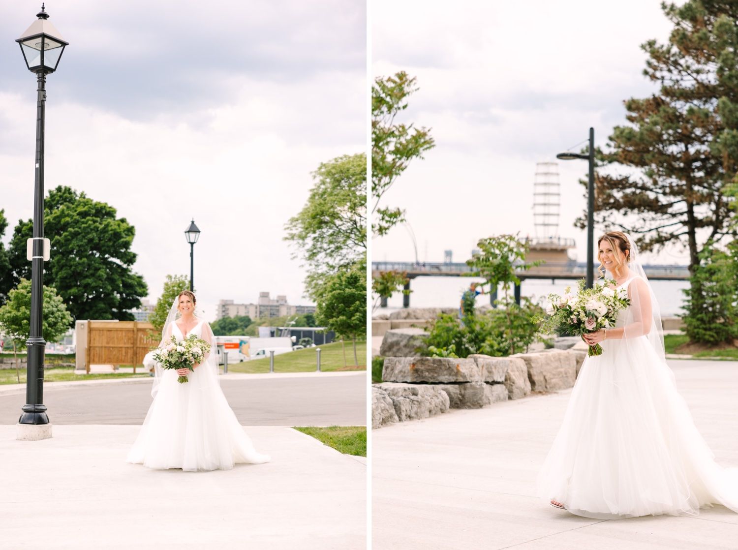 A bride in a white wedding gown poses for portraits near vintage lampposts in an outdoor setting.