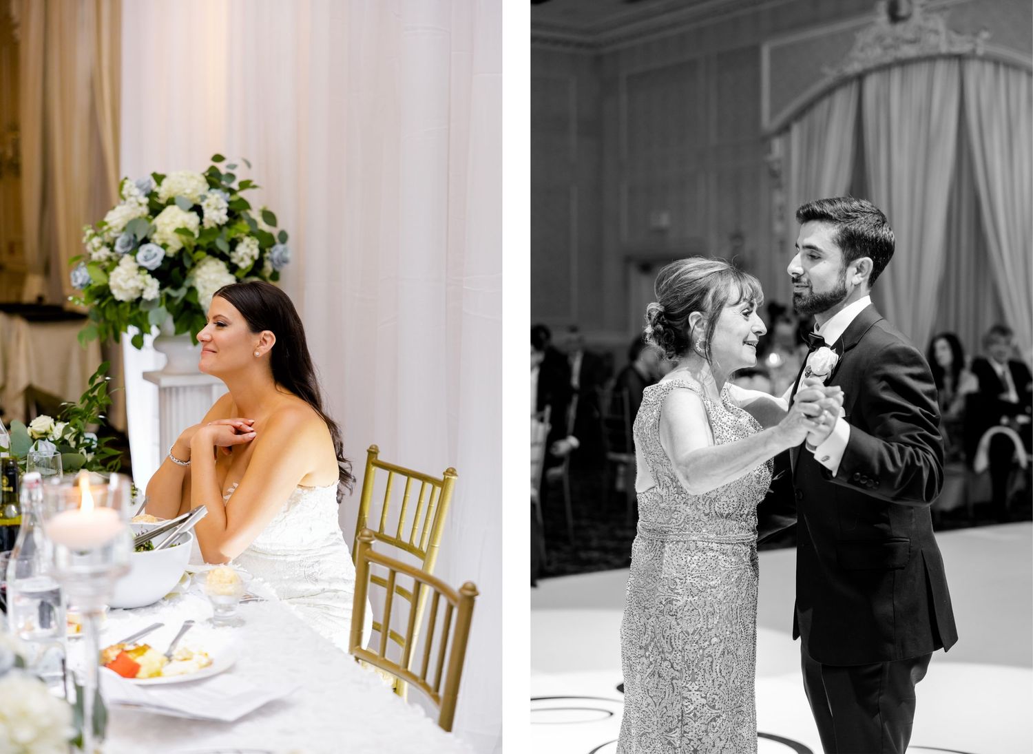 A reception scene with floral centerpieces and elegant table settings in a grand ballroom.