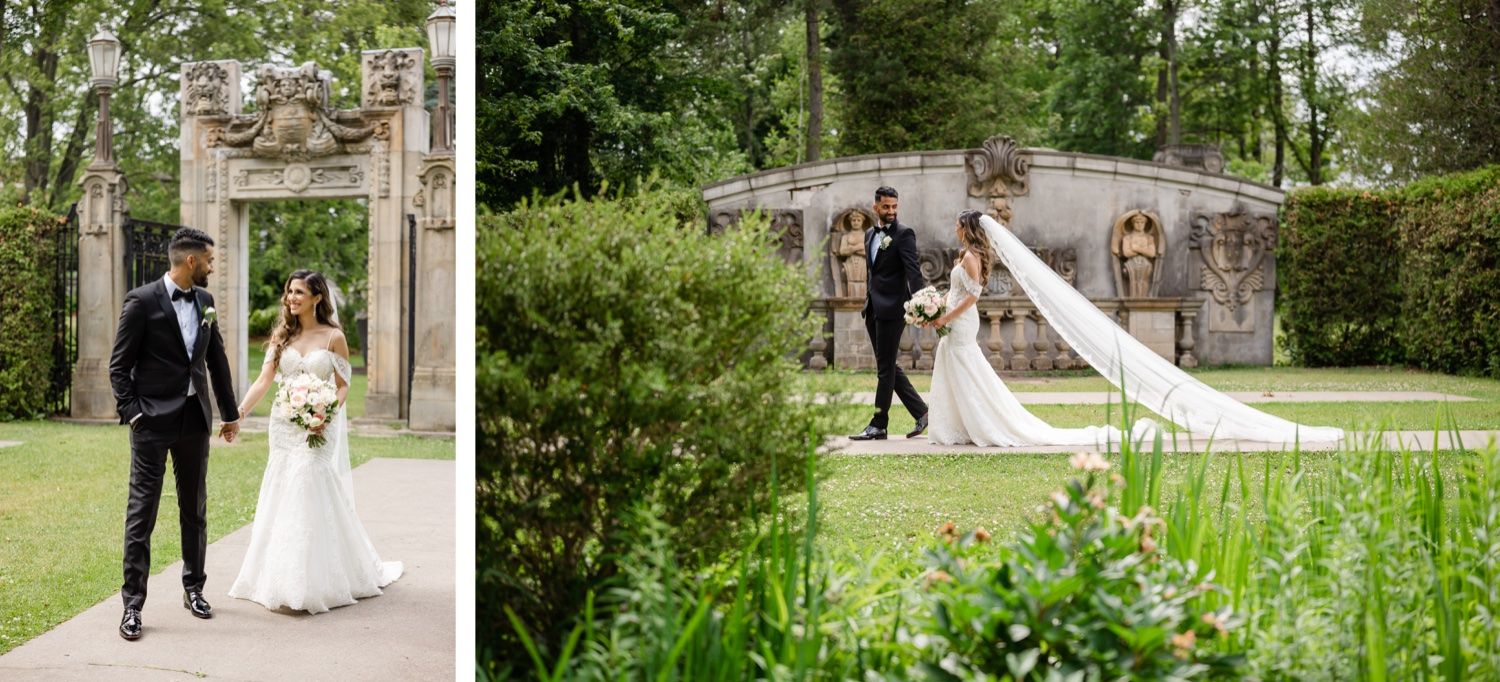 Wedding couple portraits in garden setting featuring ornate stone architecture and flowing veil.