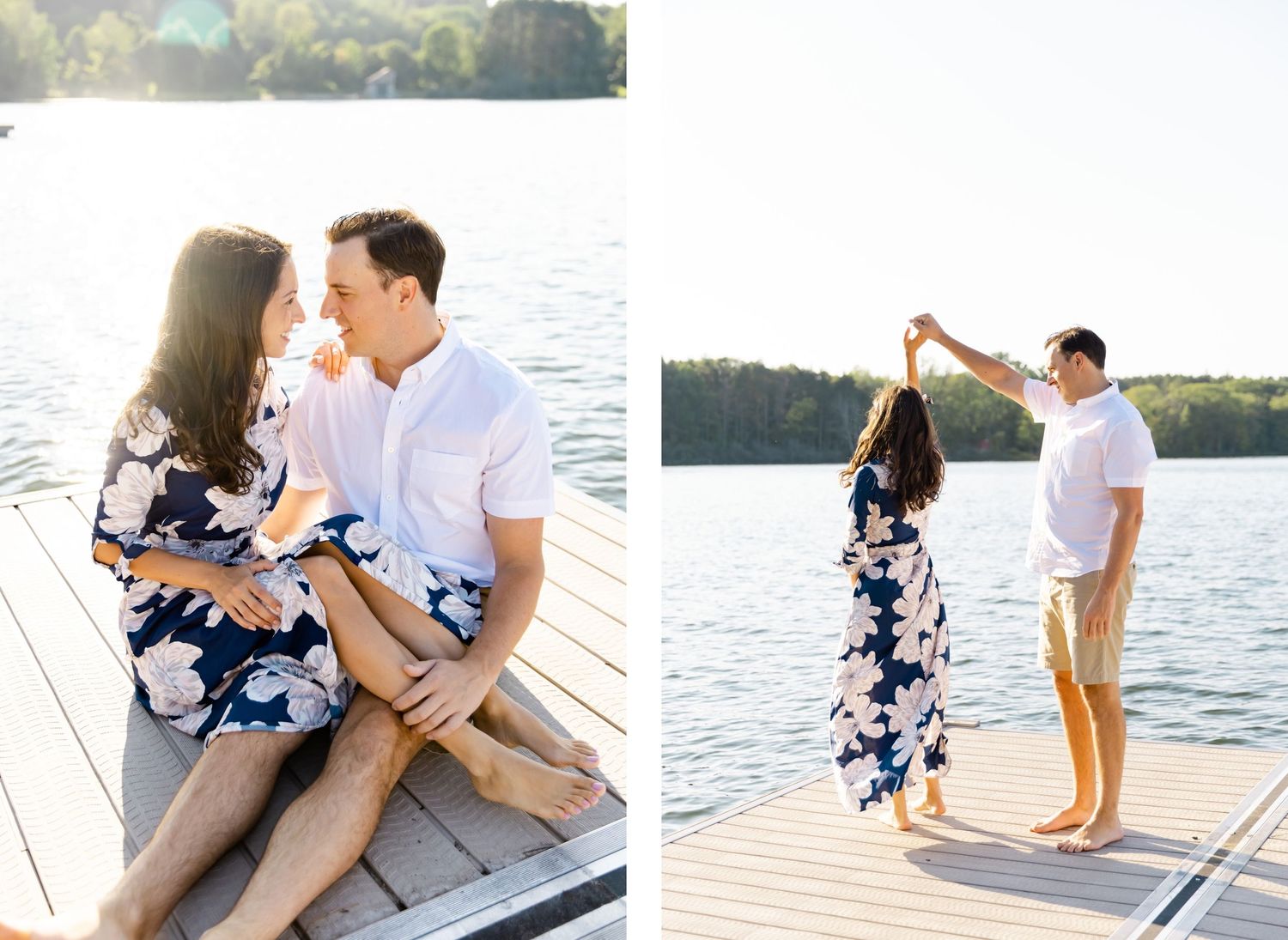 Couple enjoying romantic moments on a dock, showing both seated and dancing poses.