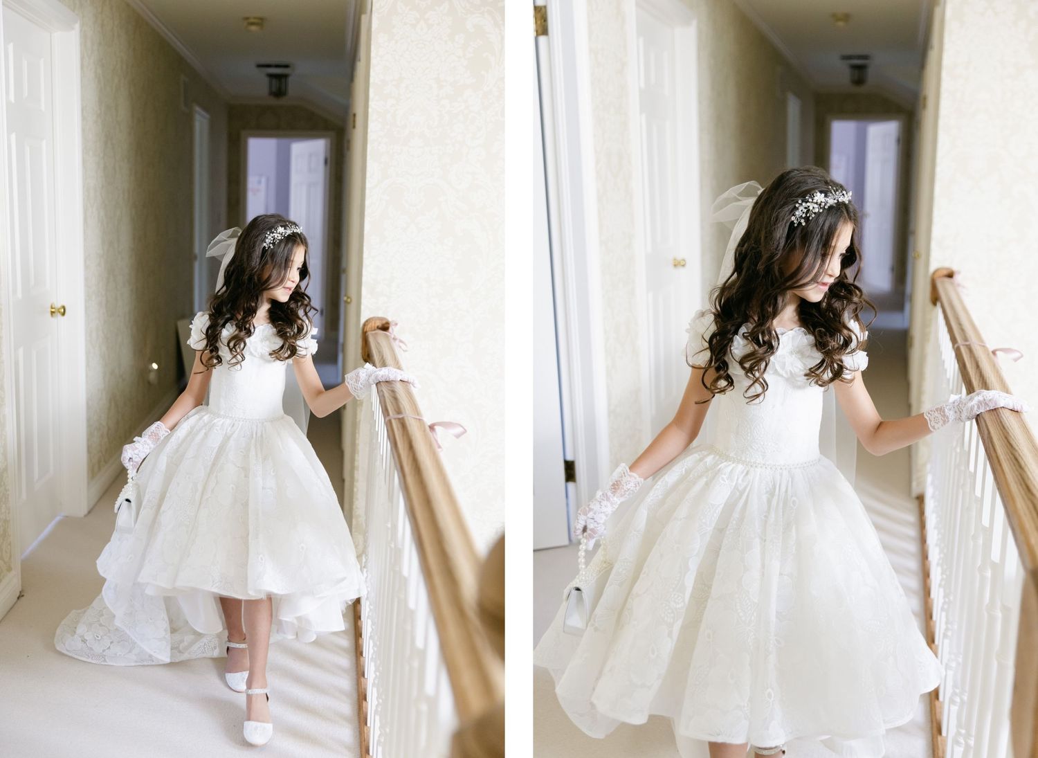 Two-frame sequence showing elegant white tea-length wedding dress in hallway setting.