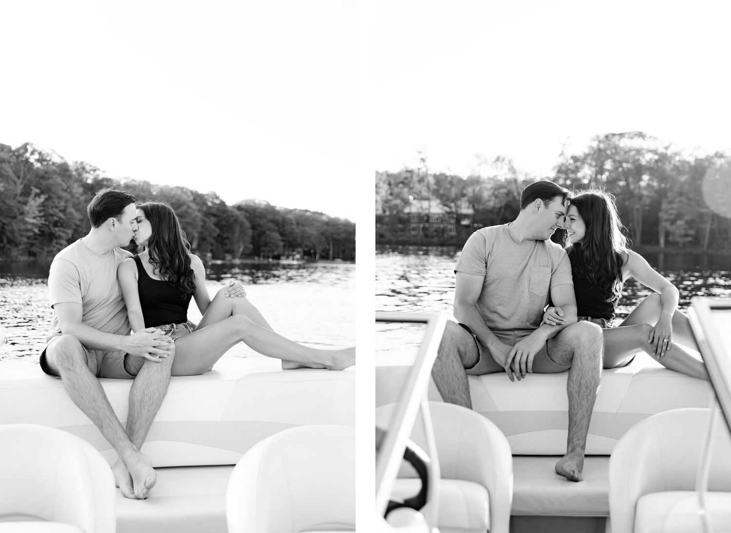 Black and white photos of a couple relaxing together on a pontoon boat on a summer day.